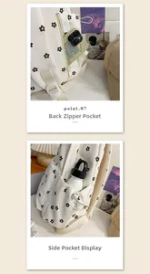 Detail of white floral backpack featuring anti-theft back pocket and side bottle holder