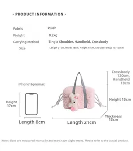 Size chart showing pink plush handbag dimensions with iPhone 16 Pro Max comparison