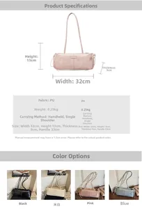 Detailed size chart for minimalist PU leather shoulder bag with dimensions and color options