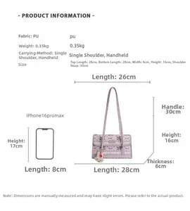 Detail view of lavender printed shoulder bag with dimensions and phone size comparison
