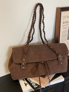 Vintage Suede Shoulder Bag For Women Large Capacity Tote With Braided Strap Rivet Bow Retro Underarm Bag Fashion Handbag