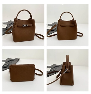 Four views of a brown litchi pattern leather bucket bag with silver buckle details