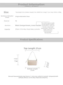 Detailed size chart and dimensions of the minimalist PU leather crossbody bag with measurements