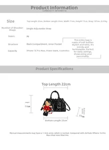 Detailed size guide for black vintage pleated PU tote bag with dimensions and capacity