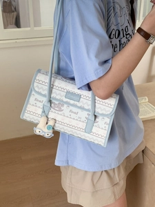 Striped large capacity shoulder bag with strawberry prints and a cute rabbit charm