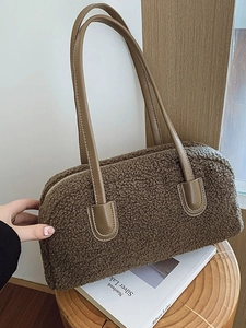 Women Plush Underarm Bag Large Capacity Vintage Teddy Velvet Shoulder Bag Soft PU Leather Trim Pillow Bag Winter Casual Tote