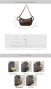 Detailed size chart and multi-color options for the crescent PU leather crossbody bag