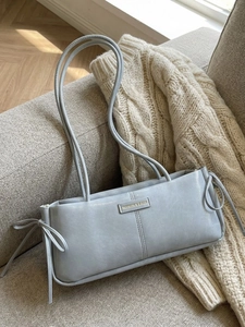 Women Fashion PU Leather Underarm Shoulder Bag Bow Knot Side Drawstring Rectangular Baguette Bag For Daily Commuting