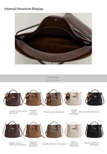 Litchi pattern bucket bag showing five colors, magnetic closure, and inner zipper pocket