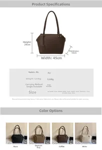Tableau des tailles détaillé et options de couleurs pour grand sac à main minimaliste