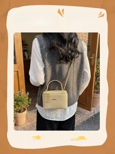 Detail of beige woven box bag featuring gold metal handle and chain shoulder strap