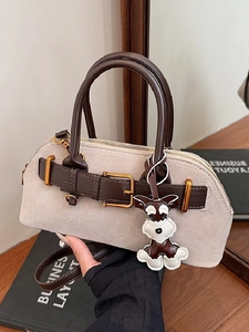 Women Retro Suede-Like PU Shoulder Bag Schnauzer Dog Charm Fashion Metal Buckle Shell Handbag Messenger Bag Elegant Daily