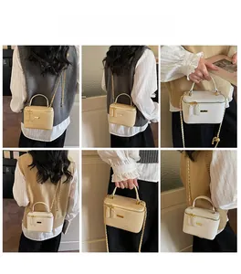 Detailed views of vintage box bags with woven textures and metal chain straps in two colors
