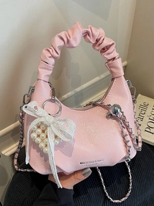 Sac Bandoulière en Cuir PU pour Femmes avec Poignée Froncée Sac à Main Demi-Lune à la Mode avec Pendentif Nœud en Dentelle de Künstliche Perle Sac à Épaule avec Chaîne en Métal