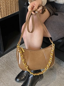 Braune Retro PU-Leder Achseltasche mit goldener Kette und verstellbarem Riemen