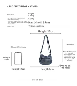 Size chart showing denim crossbody bag dimensions and iPhone 16 Pro Max comparison