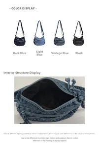 Detail view of multi-compartment denim tote bags in four colors with zipper layers