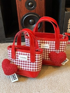 Bucket Bag Women Sweet Korean Style Gingham With Bow Print And Heart Plush Pendant PU Leather Crossbody Shoulder Handbag