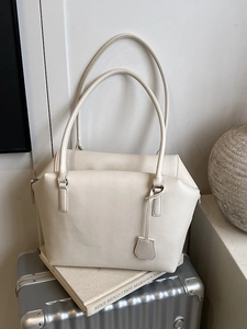 Minimalist large capacity cream leather tote bag with lychee grain texture and long handles