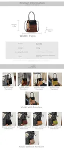 Size chart for suede bucket bag showing 15x17x5cm dimensions and color options