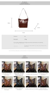 Detailed size chart for retro PU bucket tote bag with 31x30x15cm dimensions and color options