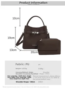 Size chart showing PU leather bucket bag dimensions and crossbody strap length details
