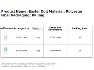 Detailed specification chart for Easter plush bunny doll decorations in polyester