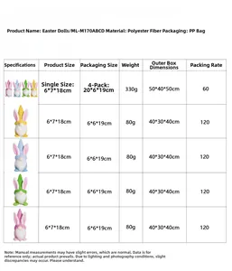 Tabla de tallas para gnomos de Pascua con dimensiones y peso en material poliéster
