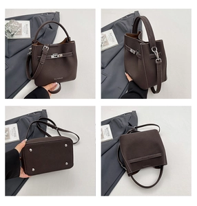 Four views of a dark brown pebble leather bucket bag with silver hardware and studs