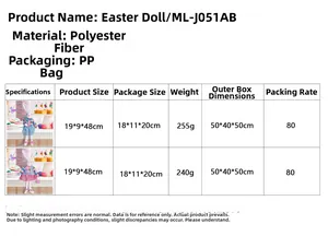 Detailed size specifications and material chart for Easter bunny plush decorations