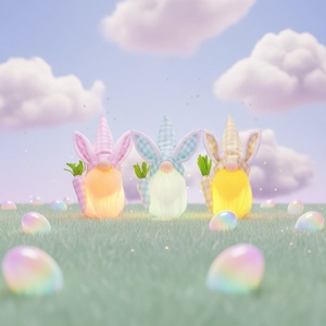 Trois gnomes de Pâques lumineux avec chapeaux à carreaux et carottes sur l'herbe