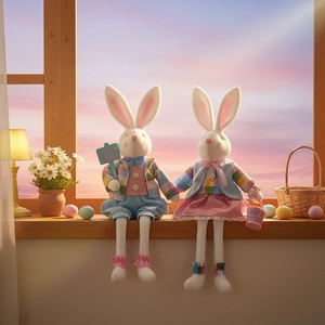 Easter Bunny Plush Doll With Plaid Clothes And Happy Easter Sign Basket For Holiday Home Party Desktop Decoration Rabbit Figurine Ornament
