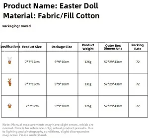 Size chart showing Easter bunny figurine dimensions and fabric material specifications