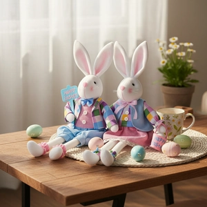 Charming Easter bunny couple figurines in plaid outfits with Happy Easter signs on table