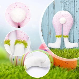 Detailed view of plush Easter bunny legs hanging decoration with polka dot pattern