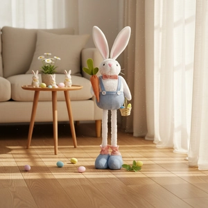 Easter plush bunny with retractable legs holding a carrot in a cozy home setting