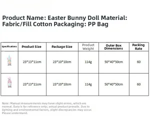Size chart showing Easter gnome plush dimensions 23x13x11cm with material specifications