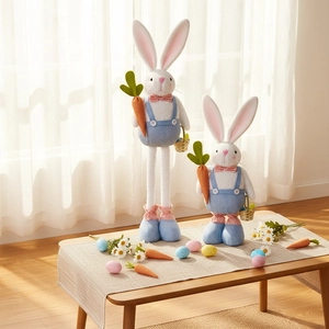 Easter rabbit plush figurines with telescopic legs holding carrots and woven baskets