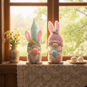 Illuminated Easter Gnomes with rabbit ears and colorful eggs for home window decoration