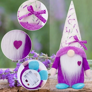 Bottom detail showing battery compartment and speaker on lavender gnome plush ornament
