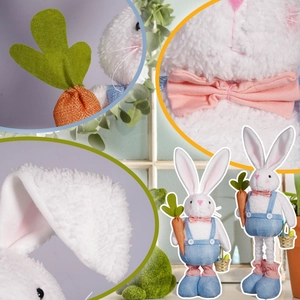 Detail of plush Easter bunny feet, fabric carrots and woven baskets with colorful eggs