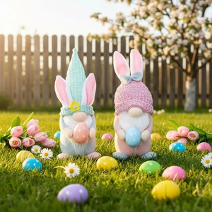 Easter Gnomes with glowing rabbit ears and colorful eggs in a sunny garden display