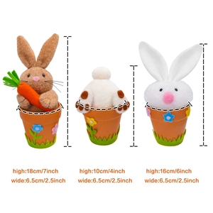 Three Easter bunny felt figurines in orange flower pots with size measurements