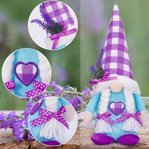 Detail view of lavender gnome plush with purple plaid hat and white braids decoration