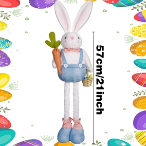 Detail showing Easter bunny plush toy with telescopic legs holding carrot and basket