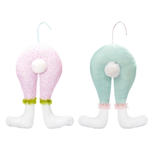Easter bunny legs tree decorations with colorful polka dots and plush tail in pastel colors