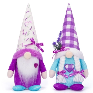 Glow lavender gnome set with purple floral hats and white beard plush ornaments