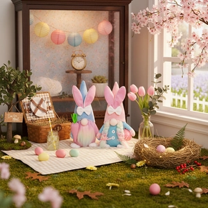 Dettaglio di gnomi pasquali di peluche con orecchie da coniglio, carote e uova colorate