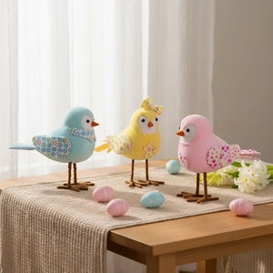 Three colorful plush Easter birds set in blue yellow and pink for festive spring decoration