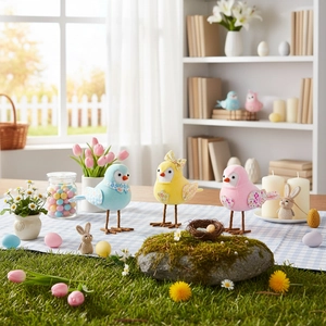 Three plush Easter bird figurines in pastel colors with fabric patchwork for home decor